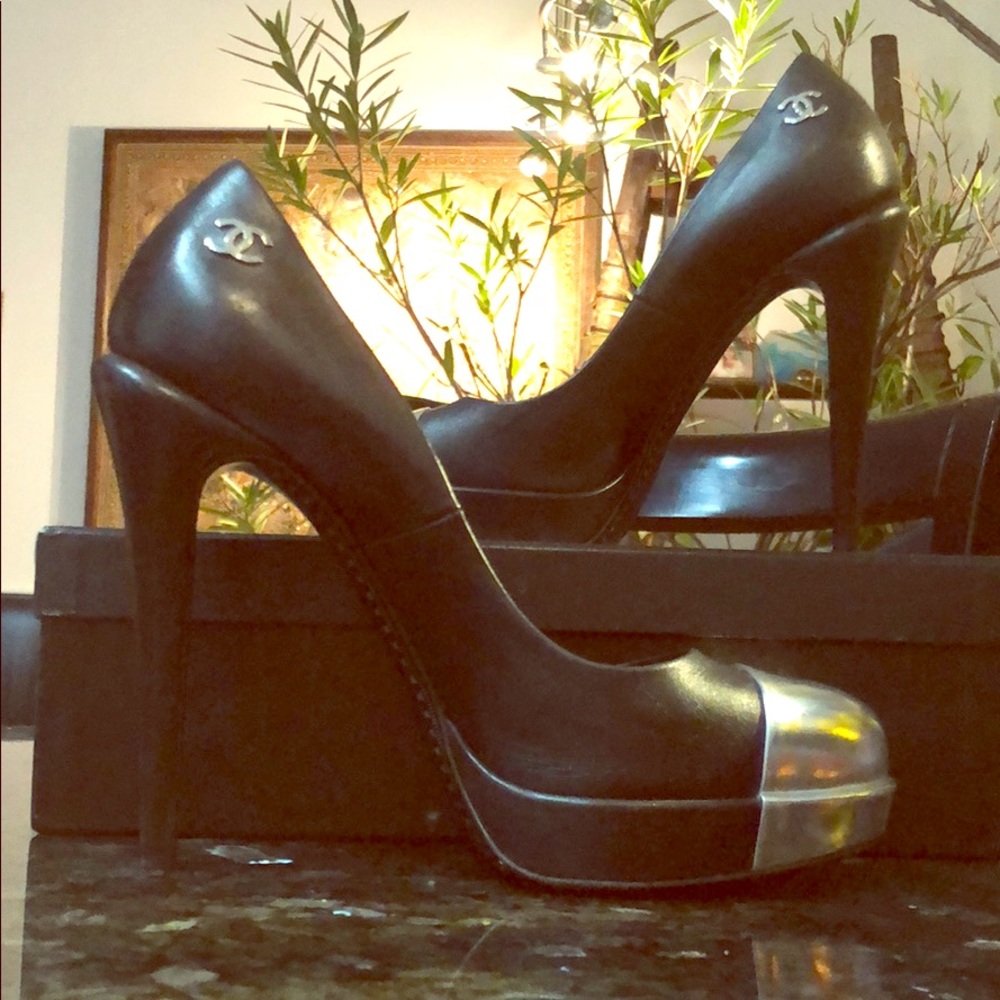 Authentic black leather Chanel heels